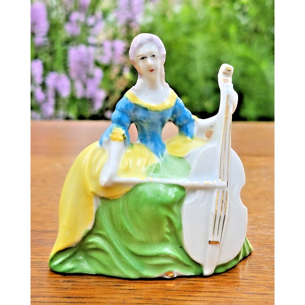Vtg Made in Japan Porcelain Cello Player Figurine Baroque Lady Music Decor 3.5”